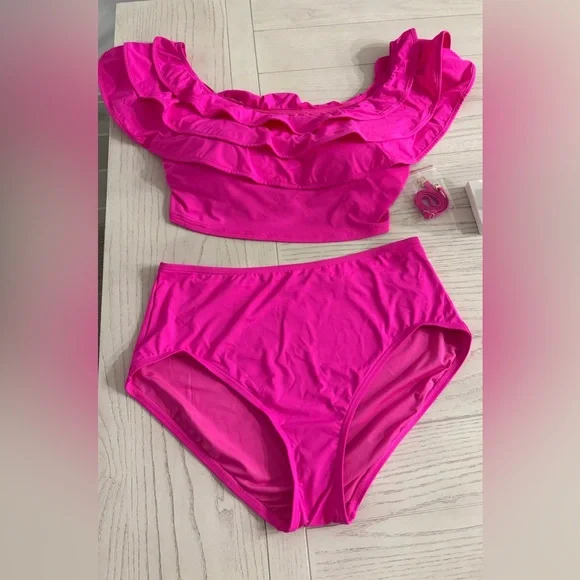 Kate Spade Hot Pink Ruffle Off-Shoulder High Waist Bikini Set Size XL NWT - Picture 6 of 10